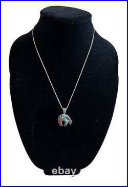 Vintage Native American Sterling Silver Multi-Stone Bear Pendant & Necklace 20