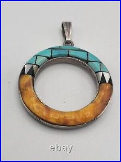 Vintage Native American Sterling Silver Multi Stone Inlay Pendant Signed M