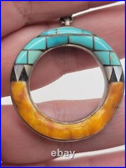 Vintage Native American Sterling Silver Multi Stone Inlay Pendant Signed M