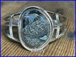 Vintage Native American Sterling Silver Ocean Jasper Cuff Bracelet Signed