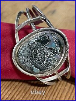Vintage Native American Sterling Silver Ocean Jasper Cuff Bracelet Signed