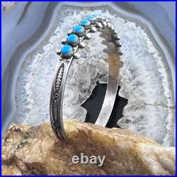Vintage Native American Sterling Silver Petite Point Turquoise Row Bracelet