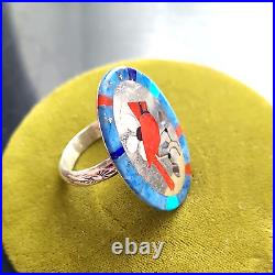 Vintage Native American Sterling Silver Red Cardinal Stones Inlay Ring sz 11.5