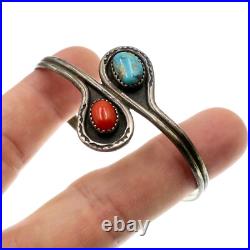 Vintage Native American Sterling Silver Red Coral Turquoise Cuff Bracelet 7.25