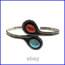 Vintage Native American Sterling Silver Red Coral Turquoise Cuff Bracelet 7.25
