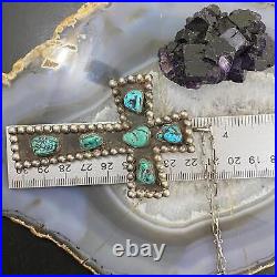 Vintage Native American Sterling Silver Rough Turquoise Cross With Chain 22