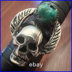 Vintage Native American Sterling Silver Skull Wings Turquoise Biker Ring Sz 8.75