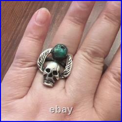 Vintage Native American Sterling Silver Skull Wings Turquoise Biker Ring Sz 8.75