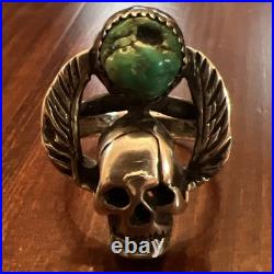 Vintage Native American Sterling Silver Skull Wings Turquoise Biker Ring Sz 8.75