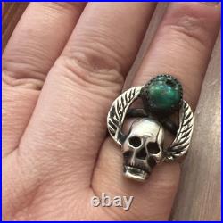 Vintage Native American Sterling Silver Skull Wings Turquoise Biker Ring Sz 8.75