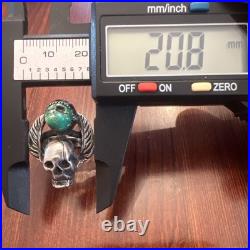 Vintage Native American Sterling Silver Skull Wings Turquoise Biker Ring Sz 8.75