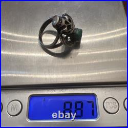 Vintage Native American Sterling Silver Skull Wings Turquoise Biker Ring Sz 8.75