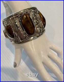 Vintage Native American Sterling Silver Tiger's Eye Cuff Bracelet Signed B