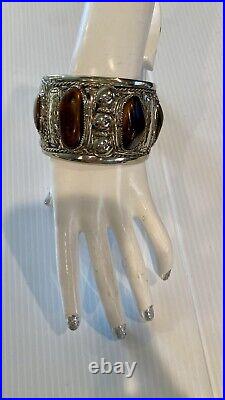 Vintage Native American Sterling Silver Tiger's Eye Cuff Bracelet Signed B