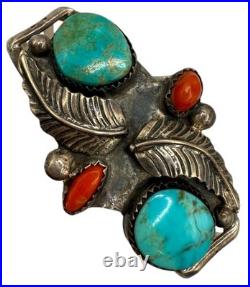 Vintage Native American Sterling Silver Turqouise & Coral Cuff Bracelet