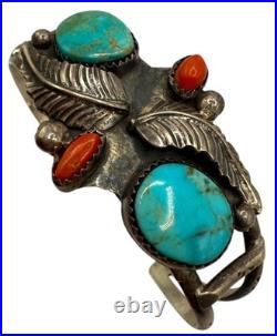 Vintage Native American Sterling Silver Turqouise & Coral Cuff Bracelet