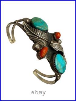 Vintage Native American Sterling Silver Turqouise & Coral Cuff Bracelet