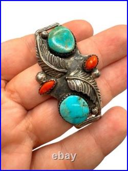 Vintage Native American Sterling Silver Turqouise & Coral Cuff Bracelet