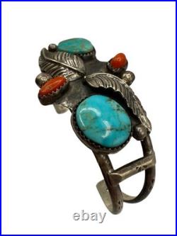 Vintage Native American Sterling Silver Turqouise & Coral Cuff Bracelet