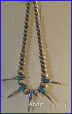 Vintage Native American Sterling Silver Turquoise Bear Claw Bead Necklace Biker