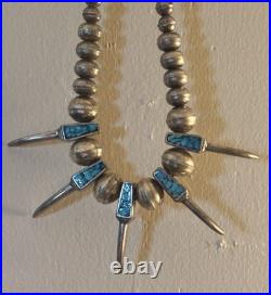 Vintage Native American Sterling Silver Turquoise Bear Claw Bead Necklace Biker
