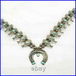 Vintage Native American Sterling Silver Turquoise Bowtie Squash Blossom Necklace