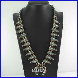 Vintage Native American Sterling Silver Turquoise Bowtie Squash Blossom Necklace