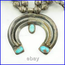 Vintage Native American Sterling Silver Turquoise Bowtie Squash Blossom Necklace