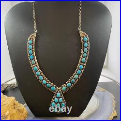Vintage Native American Sterling Silver Turquoise Cluster Adj. 18 Necklace