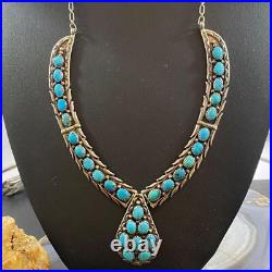 Vintage Native American Sterling Silver Turquoise Cluster Adj. 18 Necklace