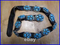 Vintage Native American Sterling Silver Turquoise Concho on leather Belt Signed