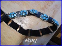 Vintage Native American Sterling Silver Turquoise Concho on leather Belt Signed