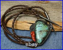 Vintage Native American Sterling Silver Turquoise Coral Bolo Tie