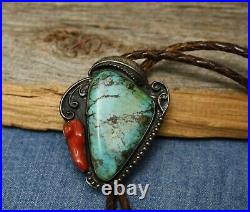 Vintage Native American Sterling Silver Turquoise Coral Bolo Tie