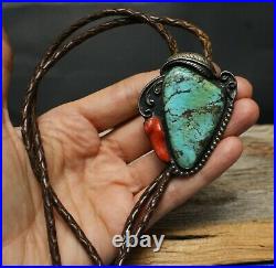 Vintage Native American Sterling Silver Turquoise Coral Bolo Tie