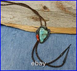 Vintage Native American Sterling Silver Turquoise Coral Bolo Tie