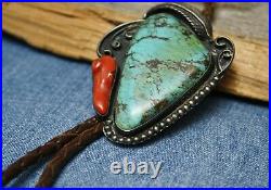 Vintage Native American Sterling Silver Turquoise Coral Bolo Tie