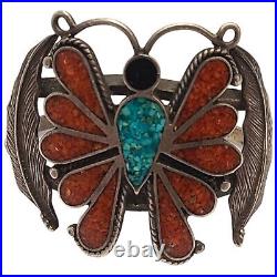 Vintage Native American Sterling Silver Turquoise Coral Butterfly Cuff Bracelet