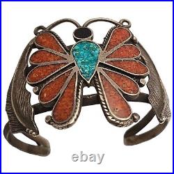 Vintage Native American Sterling Silver Turquoise Coral Butterfly Cuff Bracelet
