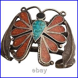 Vintage Native American Sterling Silver Turquoise Coral Butterfly Cuff Bracelet