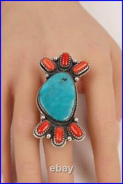 Vintage Native American Sterling Silver Turquoise Coral Cluster Ring Size 7.5