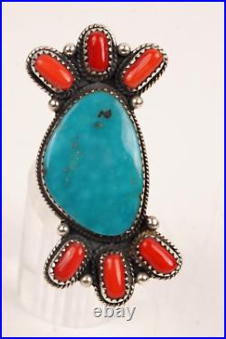 Vintage Native American Sterling Silver Turquoise Coral Cluster Ring Size 7.5
