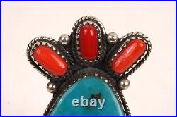 Vintage Native American Sterling Silver Turquoise Coral Cluster Ring Size 7.5