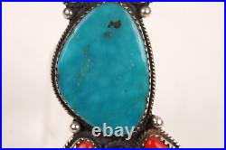 Vintage Native American Sterling Silver Turquoise Coral Cluster Ring Size 7.5