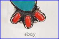 Vintage Native American Sterling Silver Turquoise Coral Cluster Ring Size 7.5