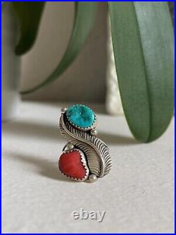 Vintage Native American Sterling Silver Turquoise Coral Feather Ring Size 5