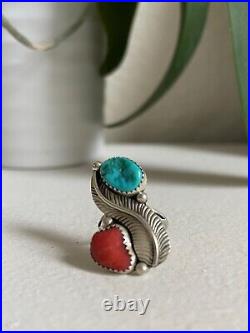 Vintage Native American Sterling Silver Turquoise Coral Feather Ring Size 5