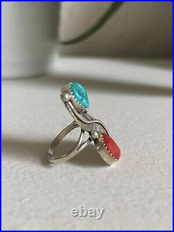 Vintage Native American Sterling Silver Turquoise Coral Feather Ring Size 5