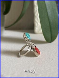 Vintage Native American Sterling Silver Turquoise Coral Feather Ring Size 5