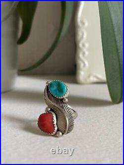 Vintage Native American Sterling Silver Turquoise Coral Feather Ring Size 5